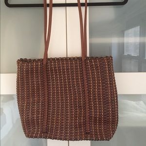 Nine West brown leather woven tote